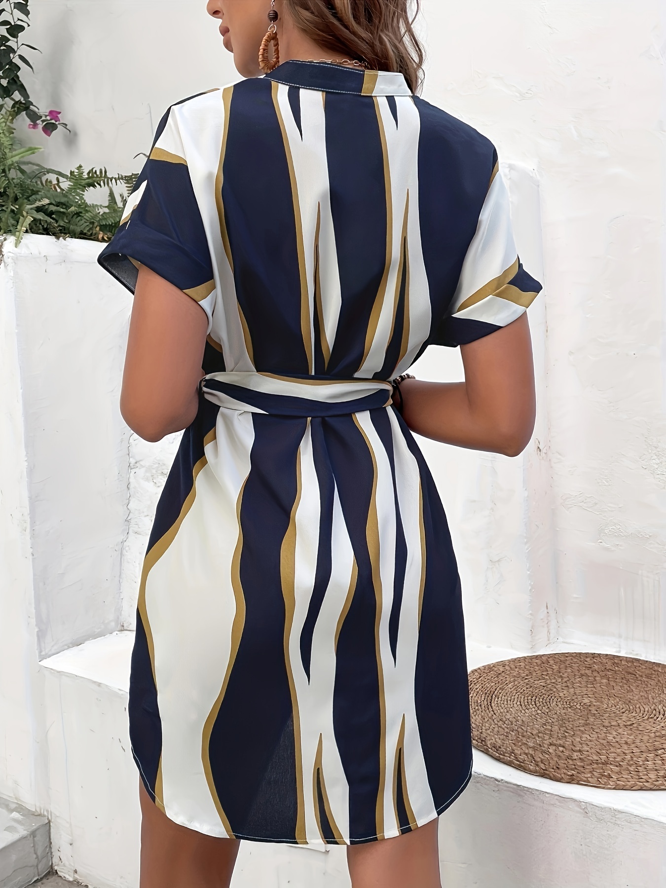 wave print v neck dress casual short sleeve random printing summer dress womens clothing details 12