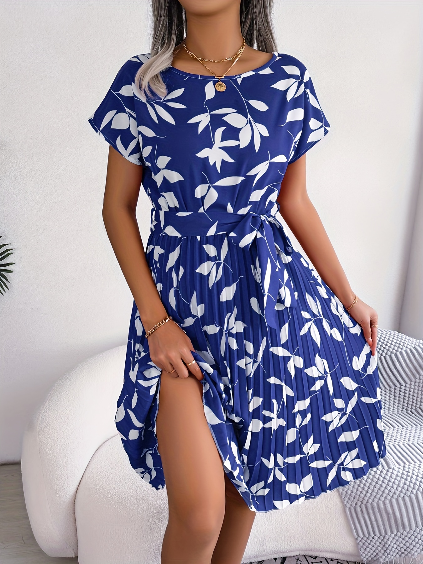 ditsy floral print belted dress short sleeve casual every day vacation dress for spring summer womens clothing details 29