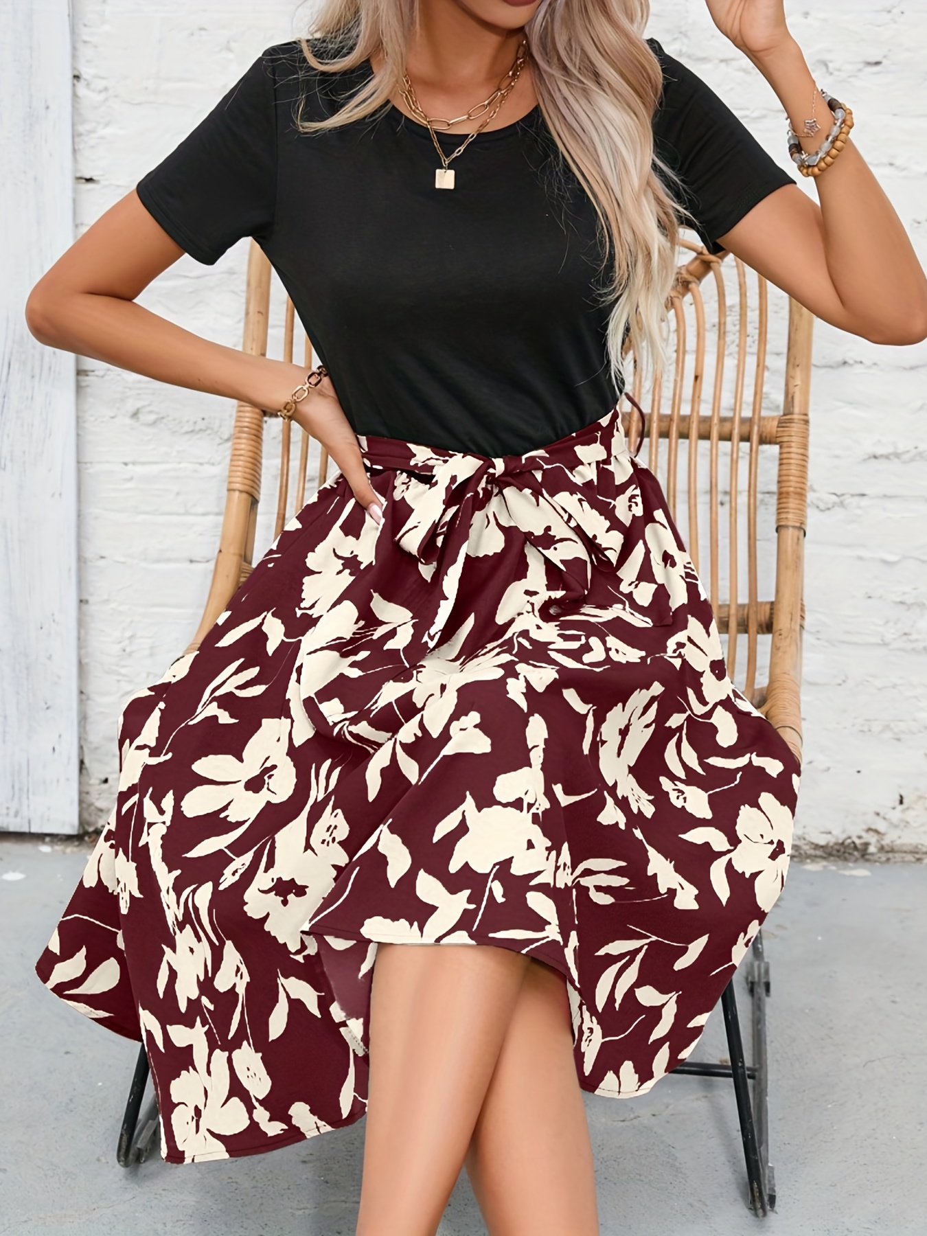 floral print crew neck dress casual short sleeve tunic dress for spring summer womens clothing details 19