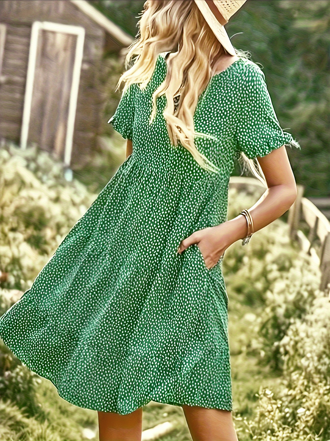 pin dot print dress casual crew neck short sleeve dress womens clothing details 10