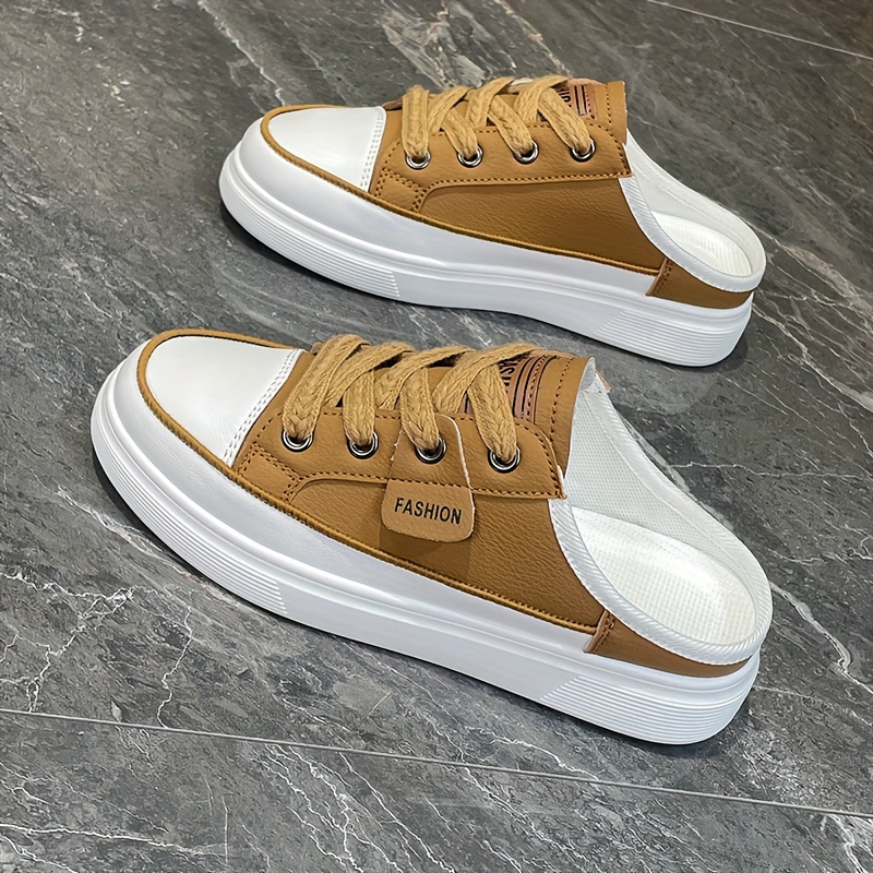 solid color flat mule sneakers women s casual lace outdoor details 4