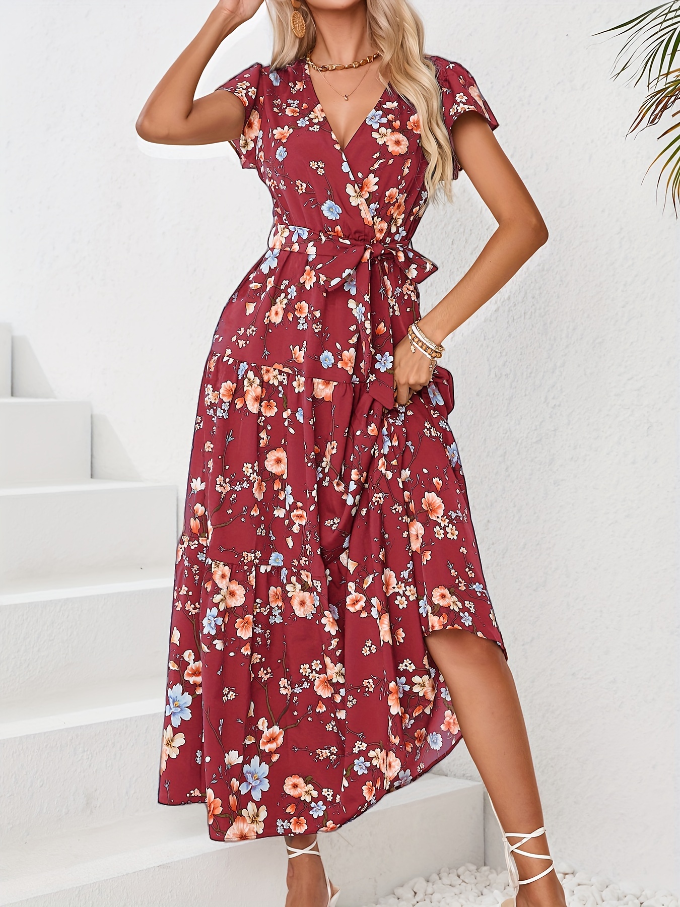 floral print flutter sleeve dress elegant v neck dress for spring summer womens clothing details 1