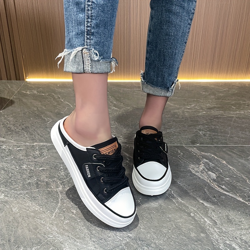 solid color flat mule sneakers women s casual lace outdoor details 18