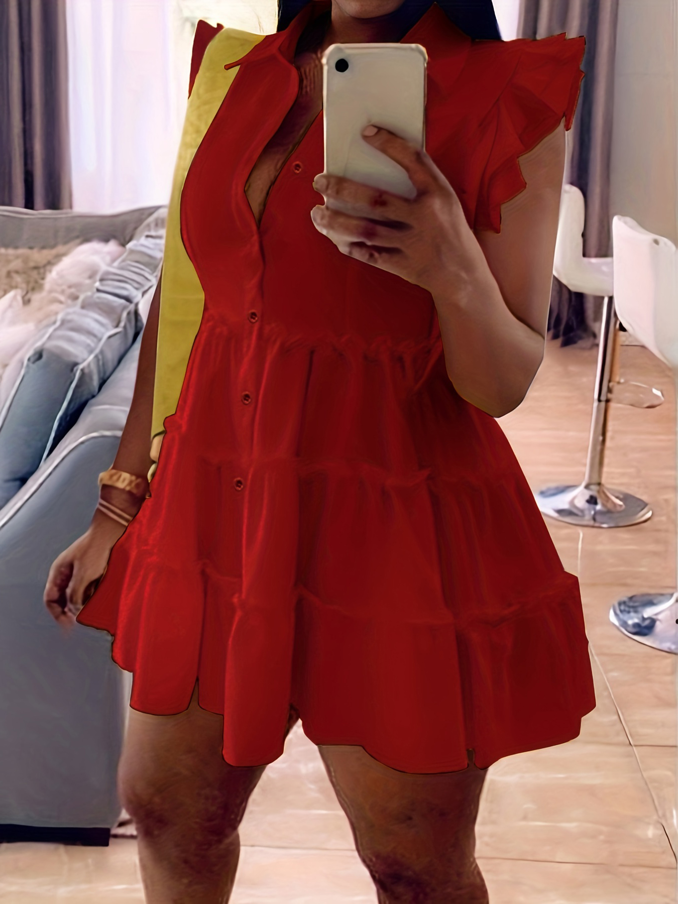 shirt collar tiered dress ruffle trim casual dress for spring summer womens clothing details 3
