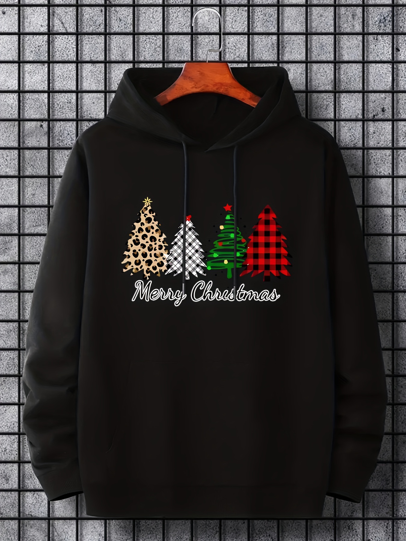 merry christmas trees print hoodies for men graphic hoodie with kangaroo pocket comfy loose drawstring trendy hooded pullover mens clothing for autumn winter details 25