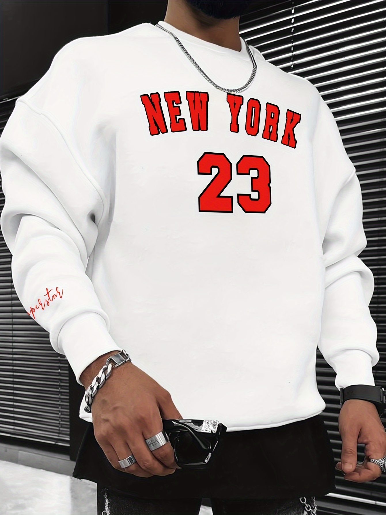 new york 23 print fashionable mens casual long sleeve crew neck pullover sweatshirt suitable for outdoor sports for autumn spring can be paired with hip hop necklace as gifts details 0