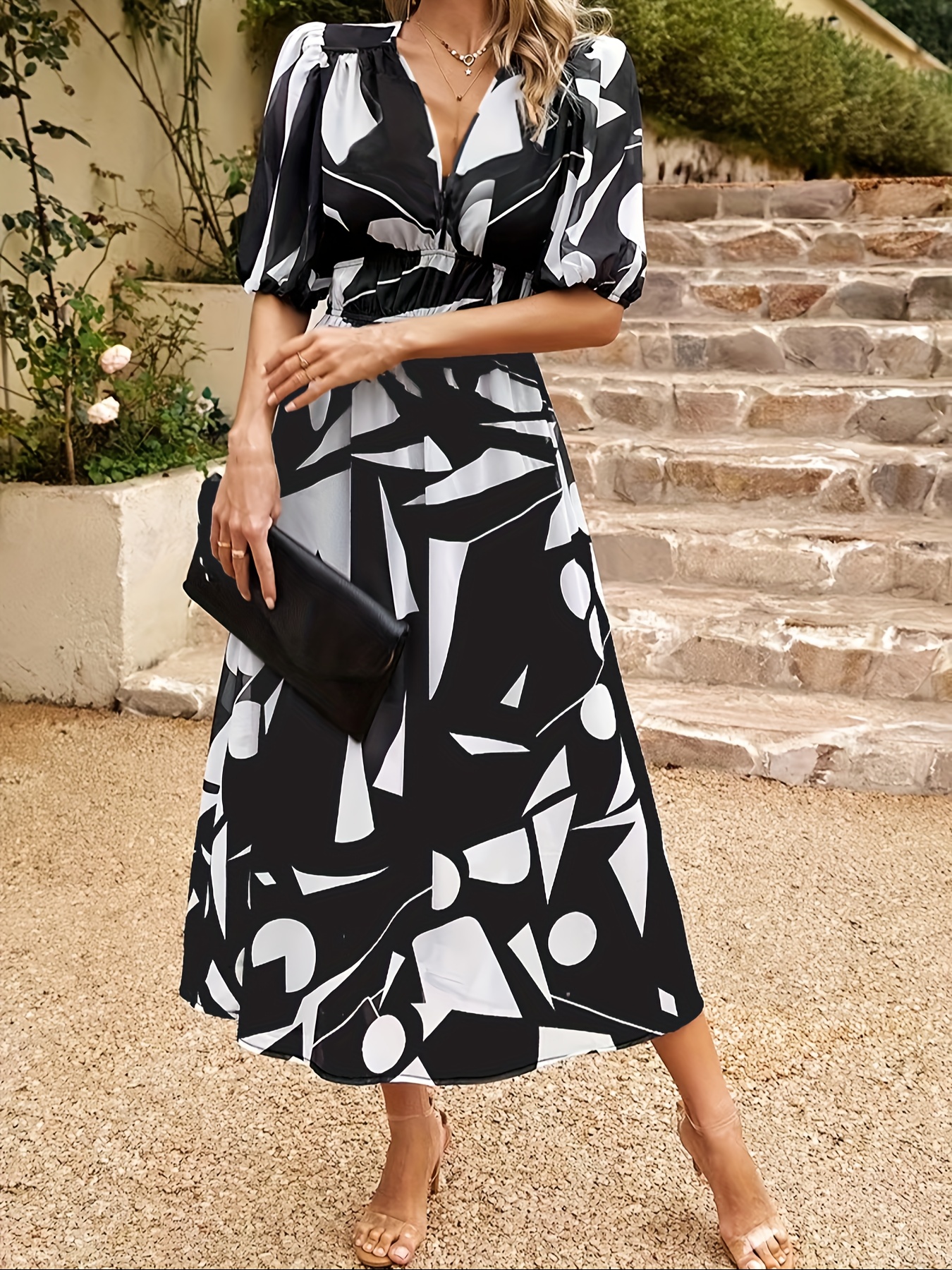 floral print v neck dress boho short sleeve ruched waist dress for spring summer womens clothing details 4