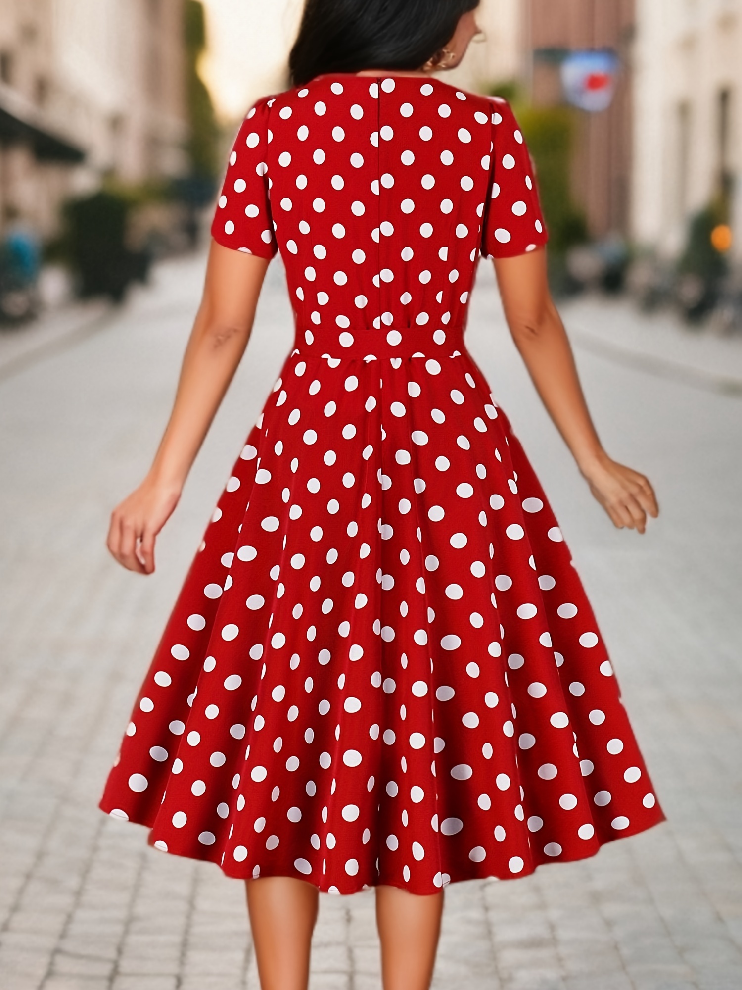 polka dot print square neck dress elegant short sleeve belted dress for spring summer womens clothing details 5