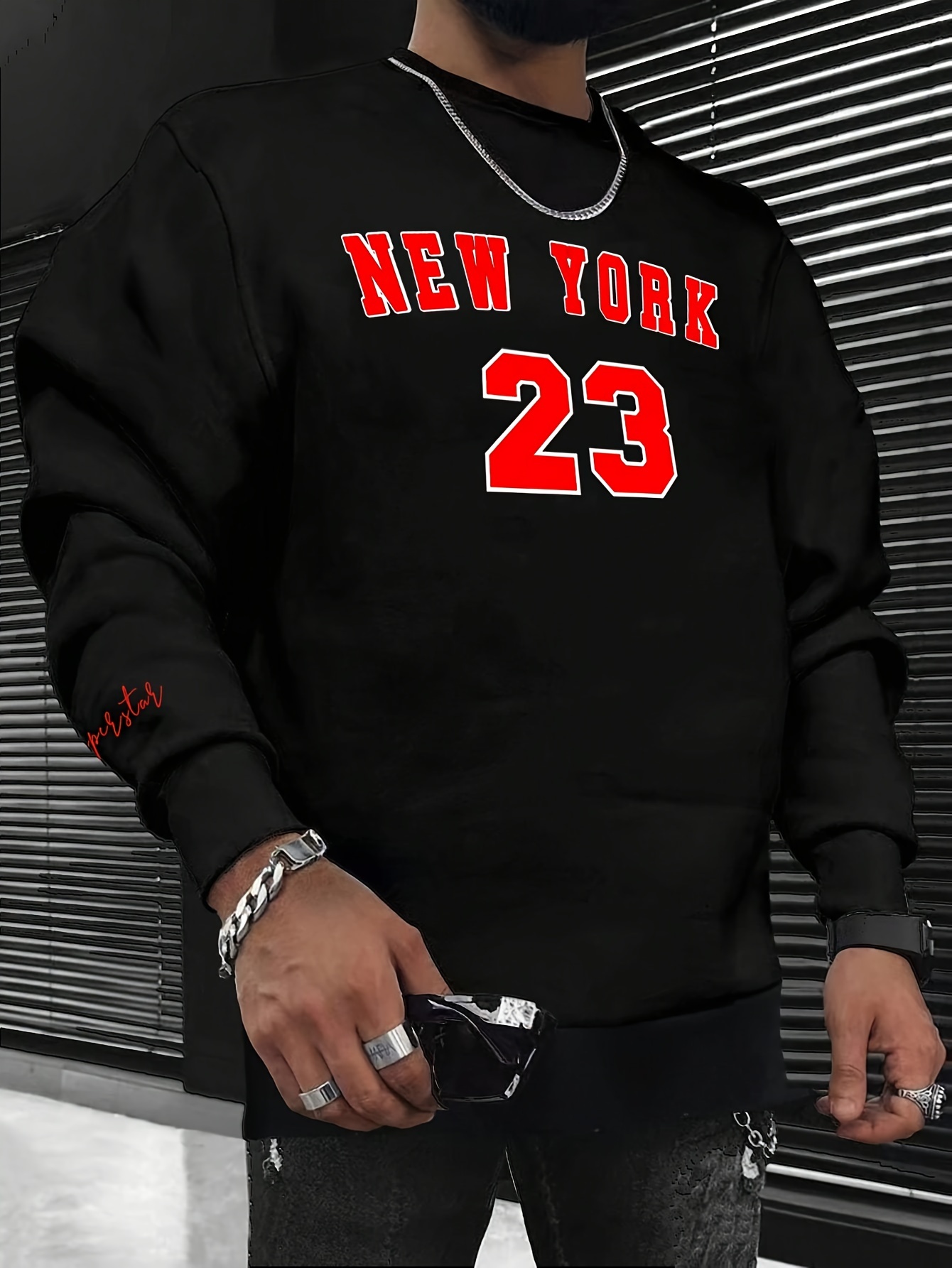 new york 23 print fashionable mens casual long sleeve crew neck pullover sweatshirt suitable for outdoor sports for autumn spring can be paired with hip hop necklace as gifts details 5