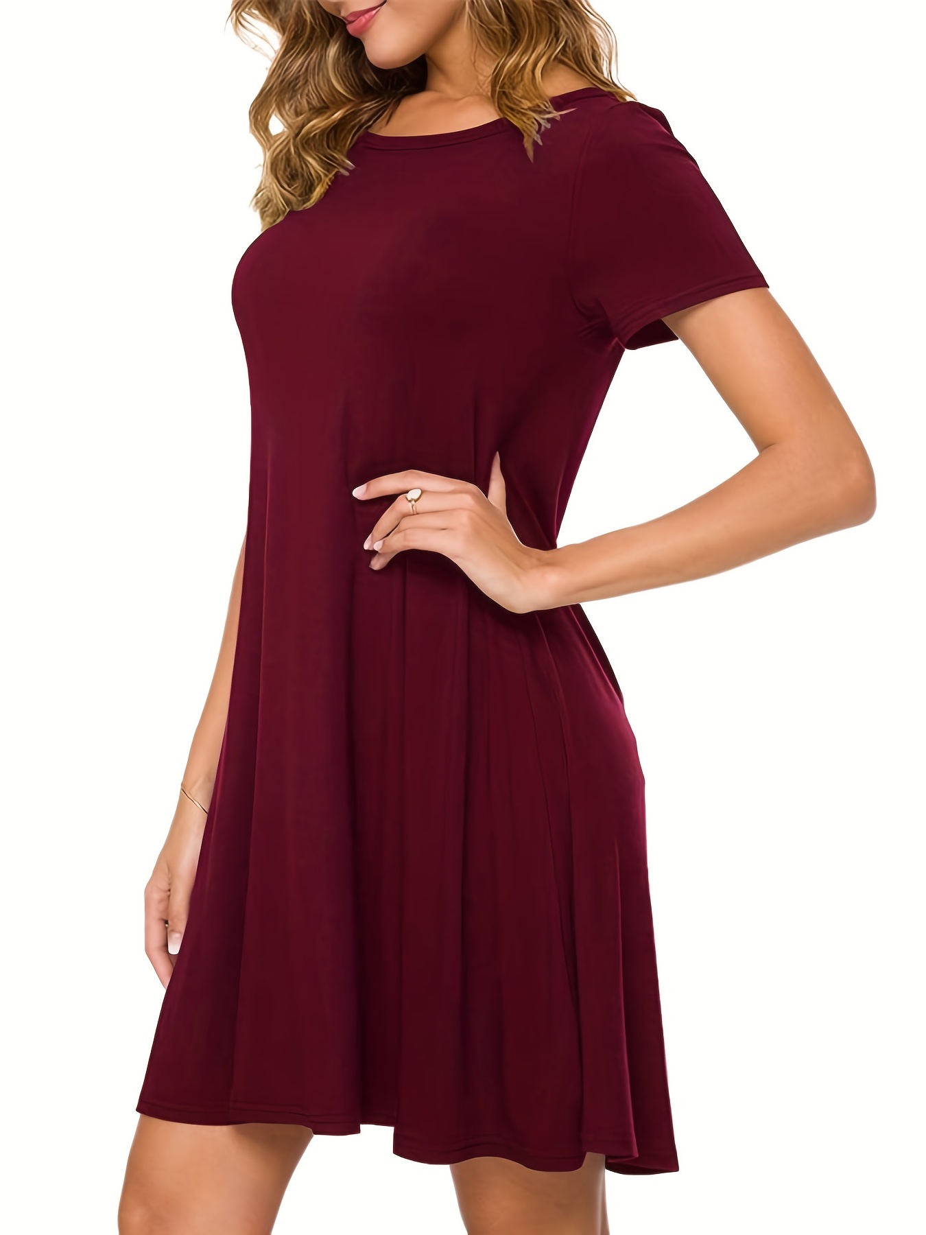 solid simple t shirt dress casual crew neck short sleeve dress womens clothing details 10