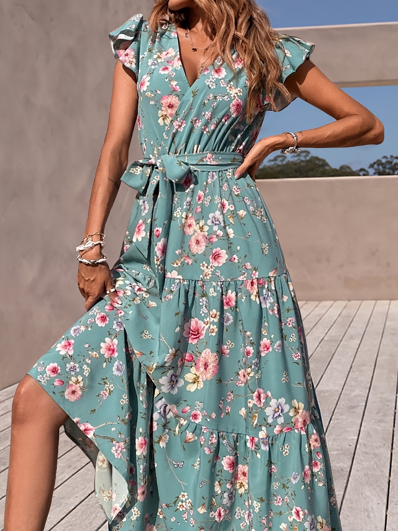 floral print flutter sleeve dress elegant v neck dress for spring summer womens clothing details 11