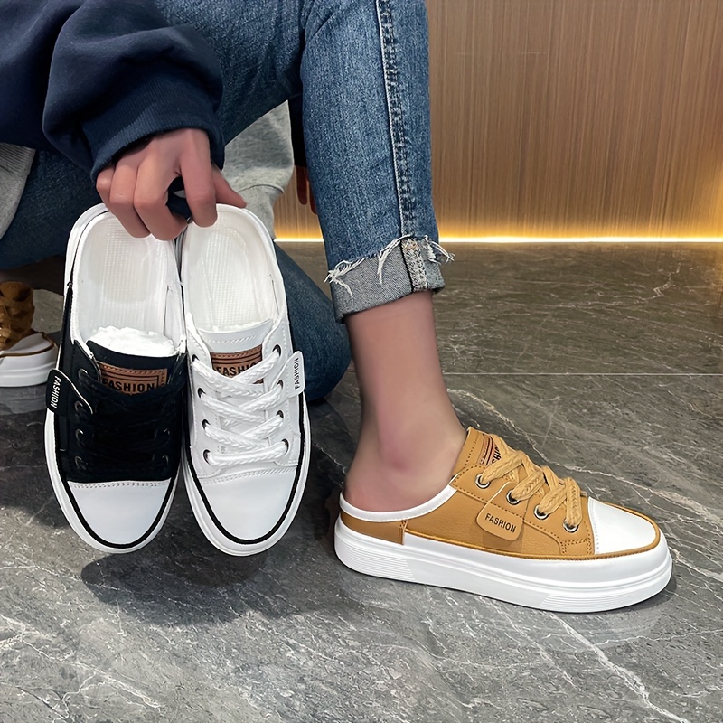 solid color flat mule sneakers women s casual lace outdoor details 19