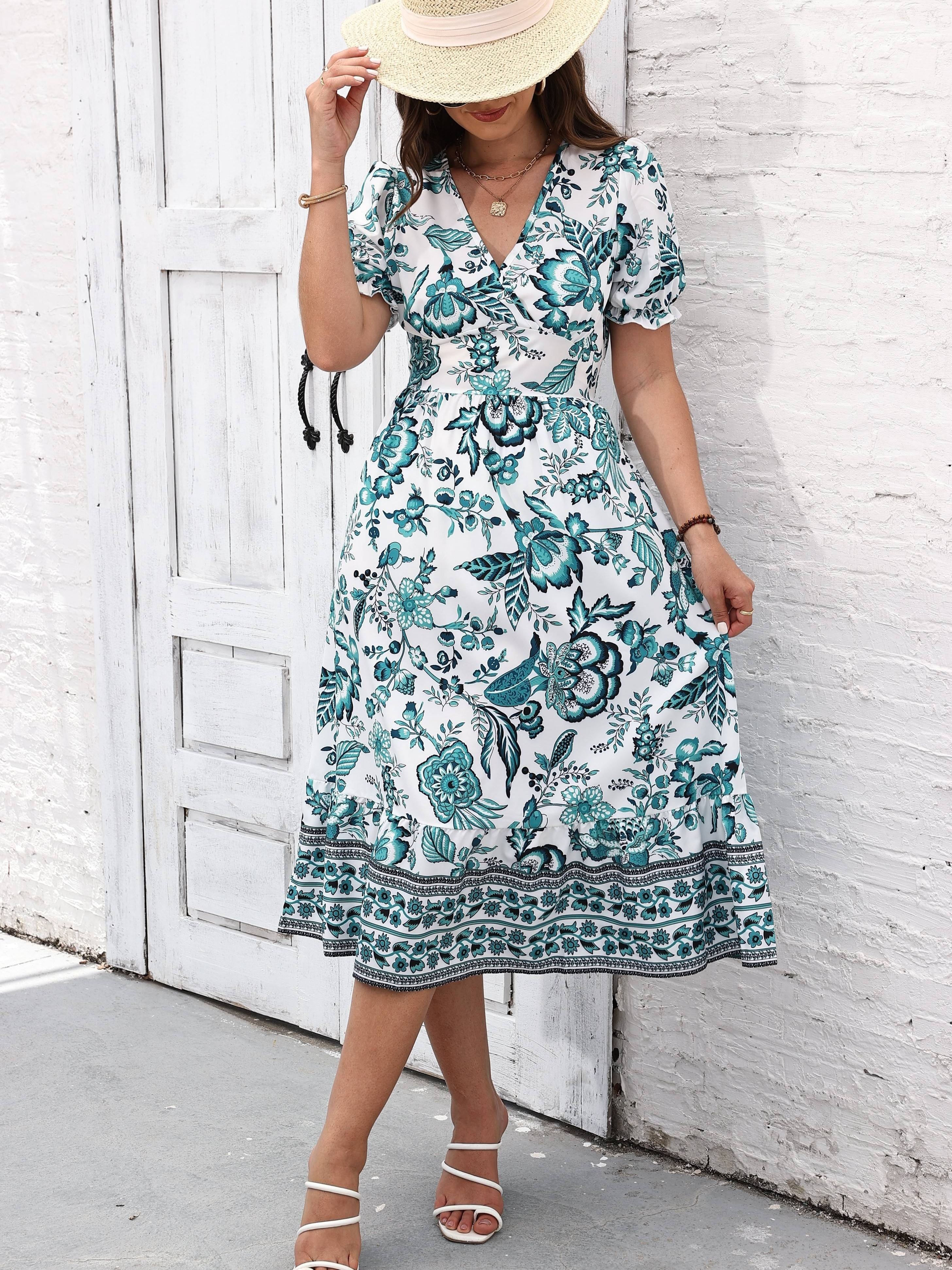floral print surplice neck dress elegant short sleeve dress for spring summer womens clothing details 8