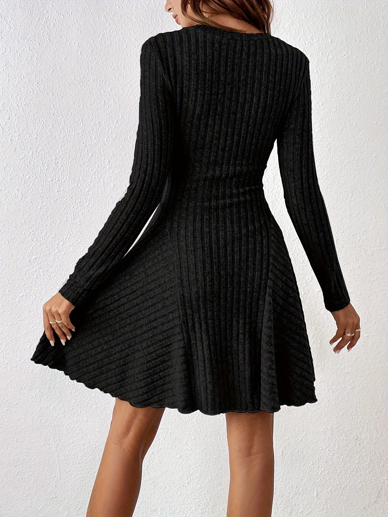 solid ribbed v neck dress casual long sleeve a line dress womens clothing details 1