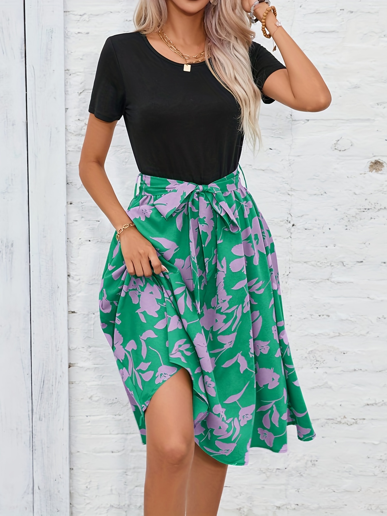 floral print crew neck dress casual short sleeve tunic dress for spring summer womens clothing details 13