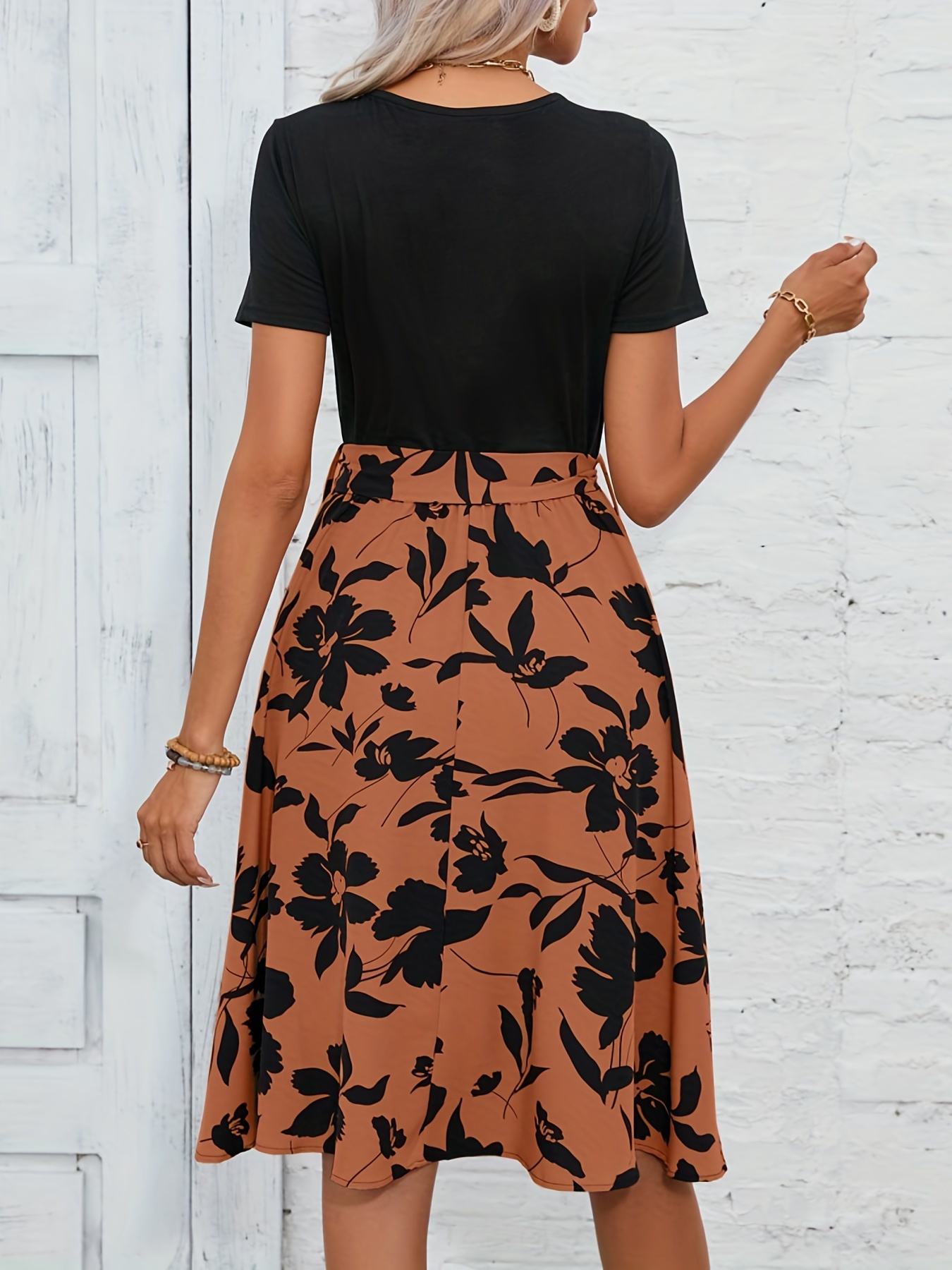 floral print crew neck dress casual short sleeve tunic dress for spring summer womens clothing details 31