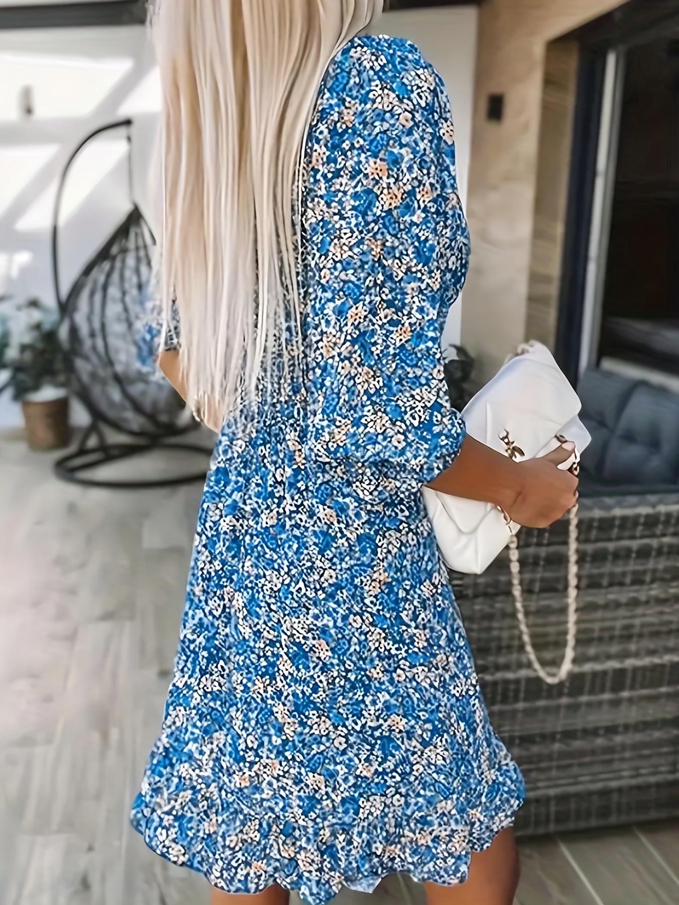 ditsy floral print dress casual v neck layered ruffle trim dress with buttons womens clothing details 6