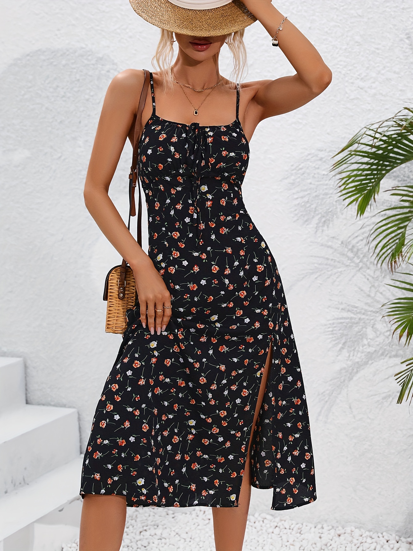 floral print split vacation dress vacation spaghetti strap sleeveless dress womens clothing details 16
