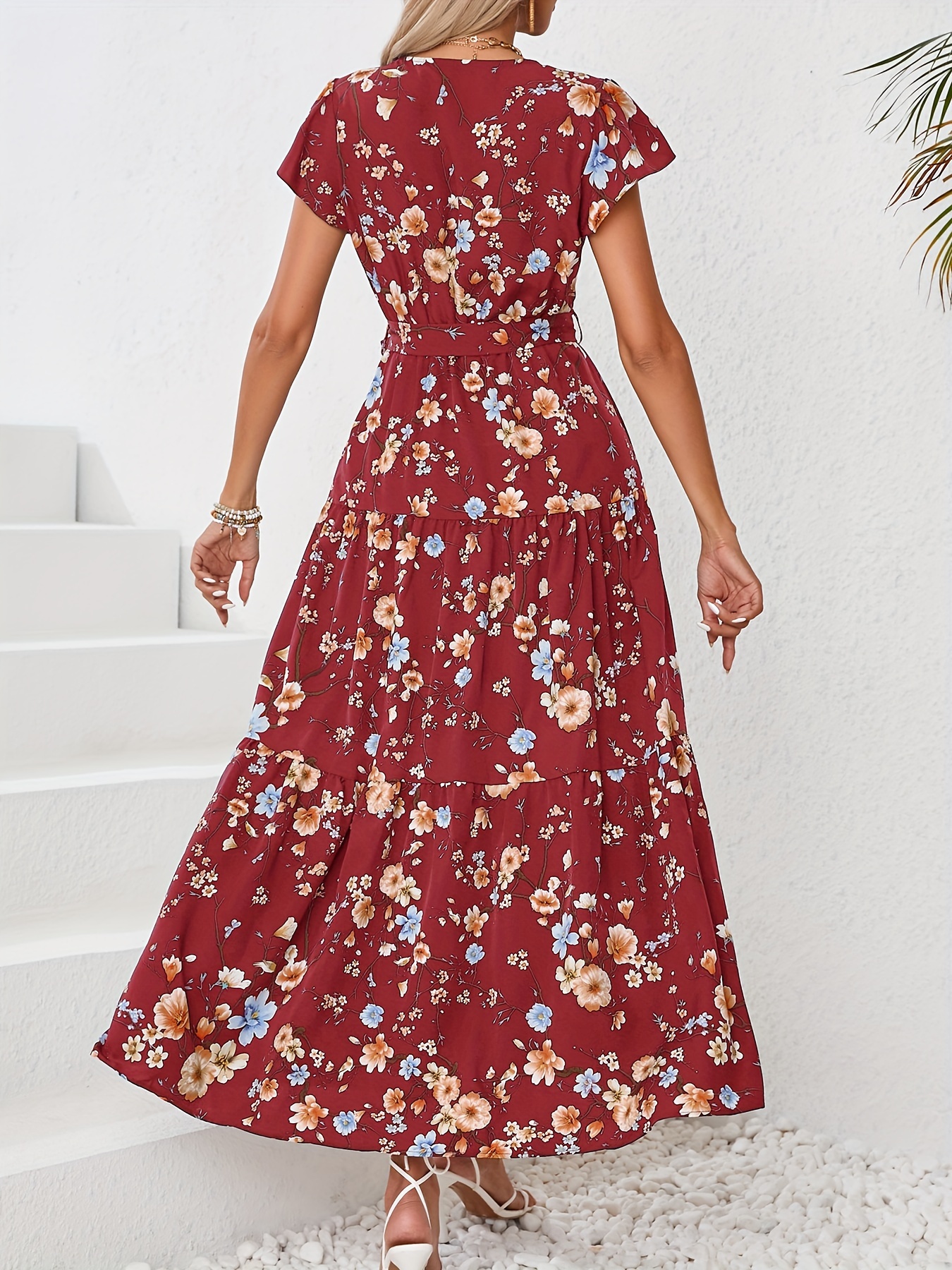 floral print flutter sleeve dress elegant v neck dress for spring summer womens clothing details 4
