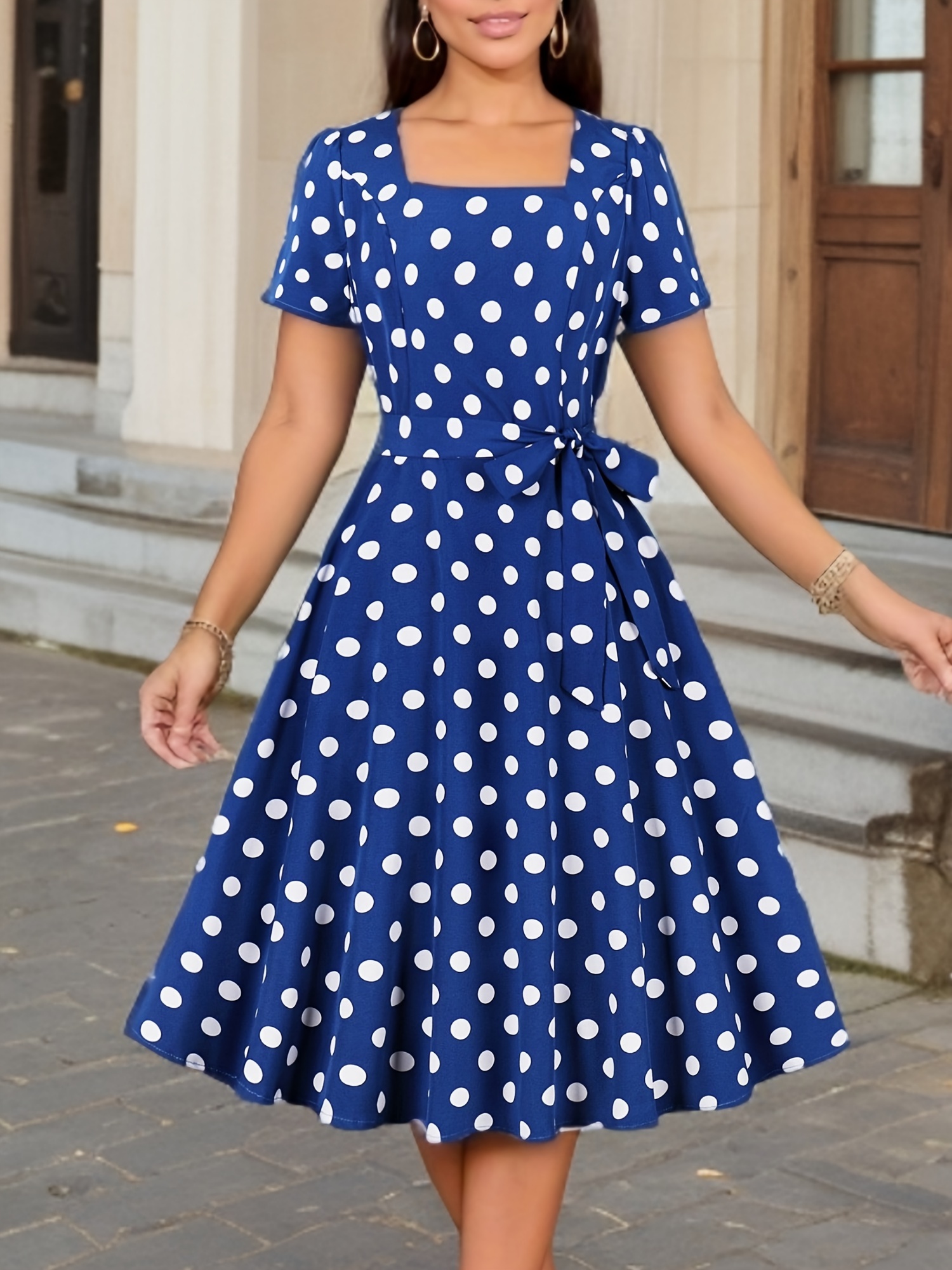 polka dot print square neck dress elegant short sleeve belted dress for spring summer womens clothing details 6