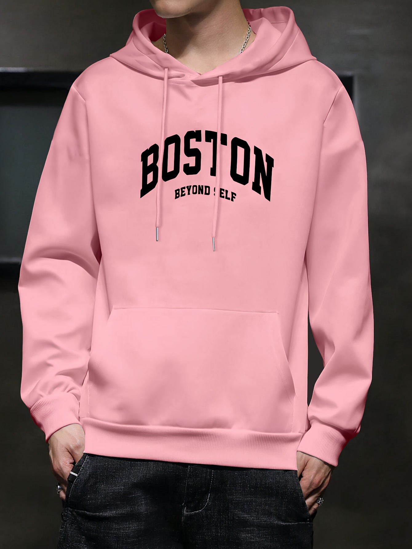 boston print mens pullover round neck hoodies with kangaroo pocket long sleeve hooded sweatshirt loose casual top for autumn winter mens clothing as gifts details 0