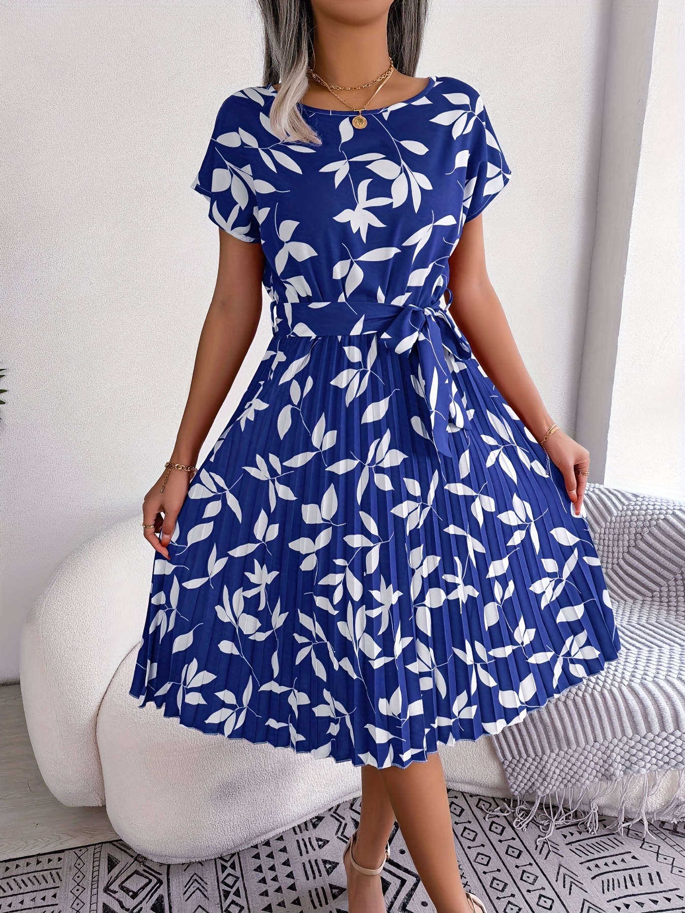 ditsy floral print belted dress short sleeve casual every day vacation dress for spring summer womens clothing details 24