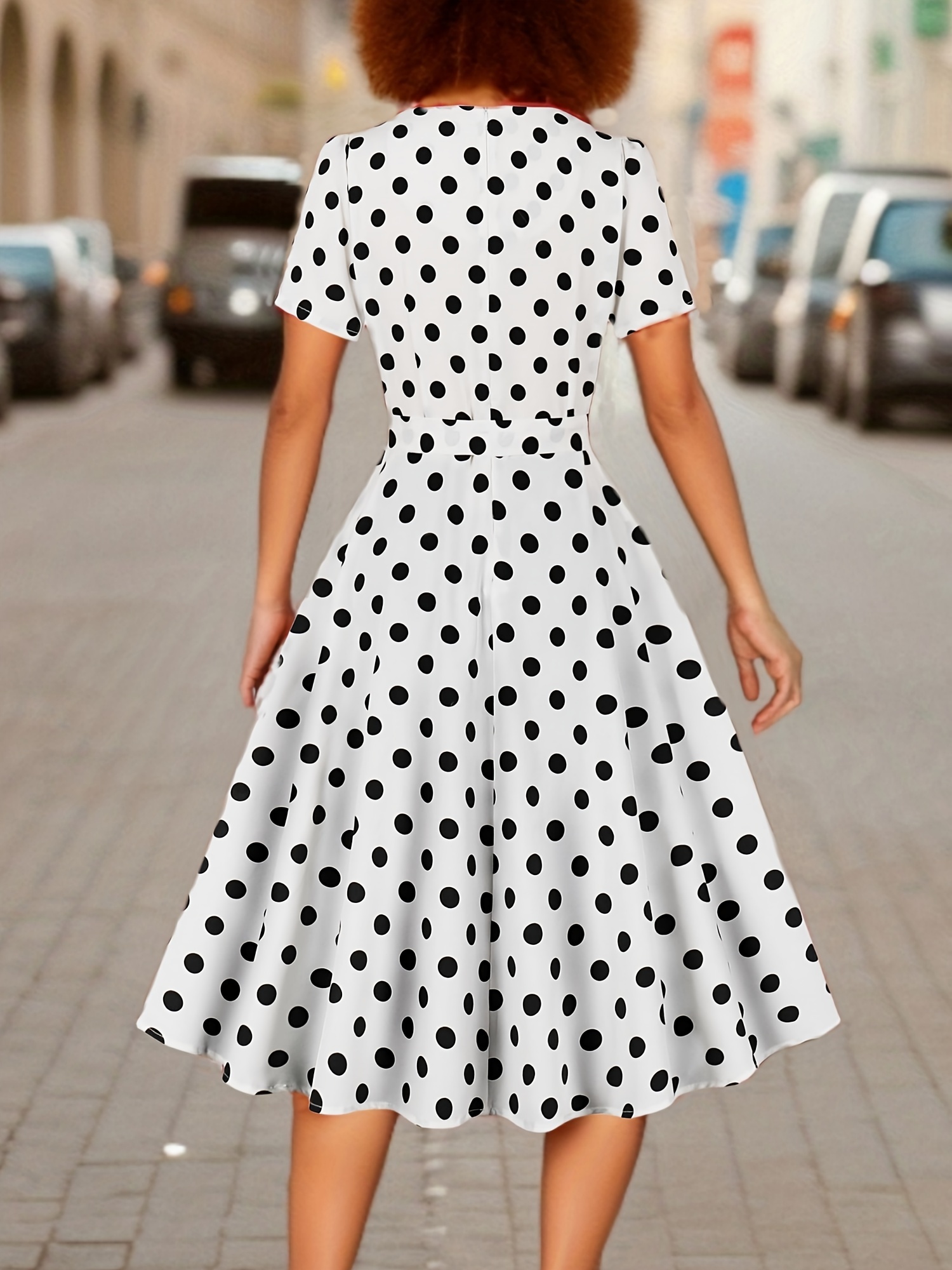 polka dot print square neck dress elegant short sleeve belted dress for spring summer womens clothing details 3