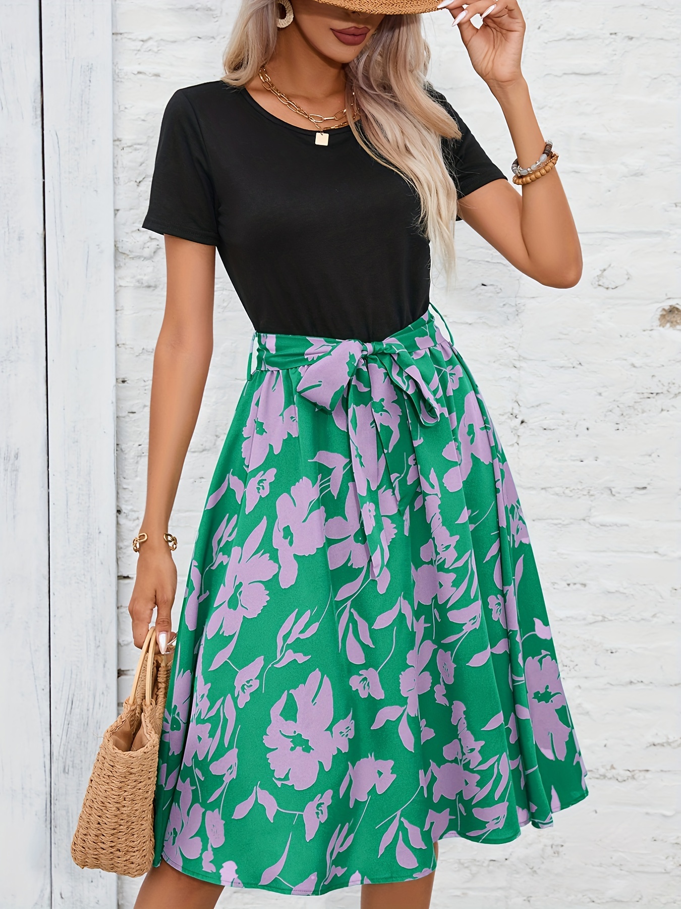 floral print crew neck dress casual short sleeve tunic dress for spring summer womens clothing details 10