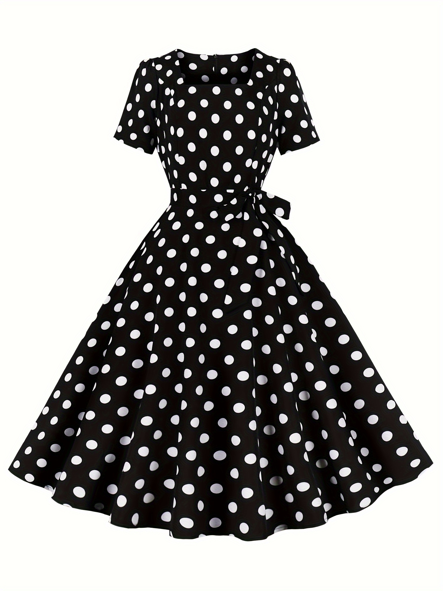 polka dot a line dress vintage squared neck short sleeve party dress womens clothing details 4