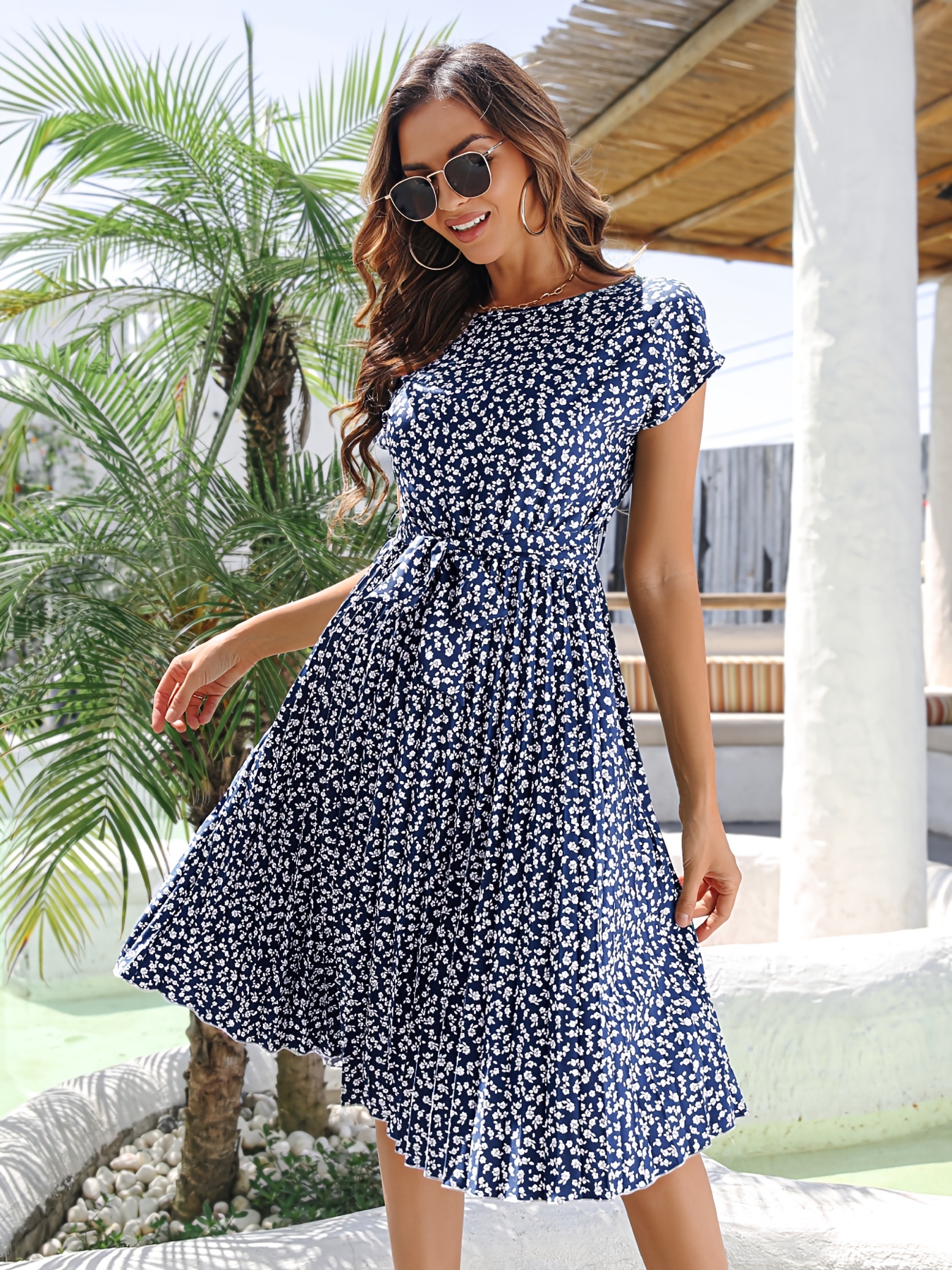 ditsy floral print belted dress short sleeve casual every day vacation dress for spring summer womens clothing details 31