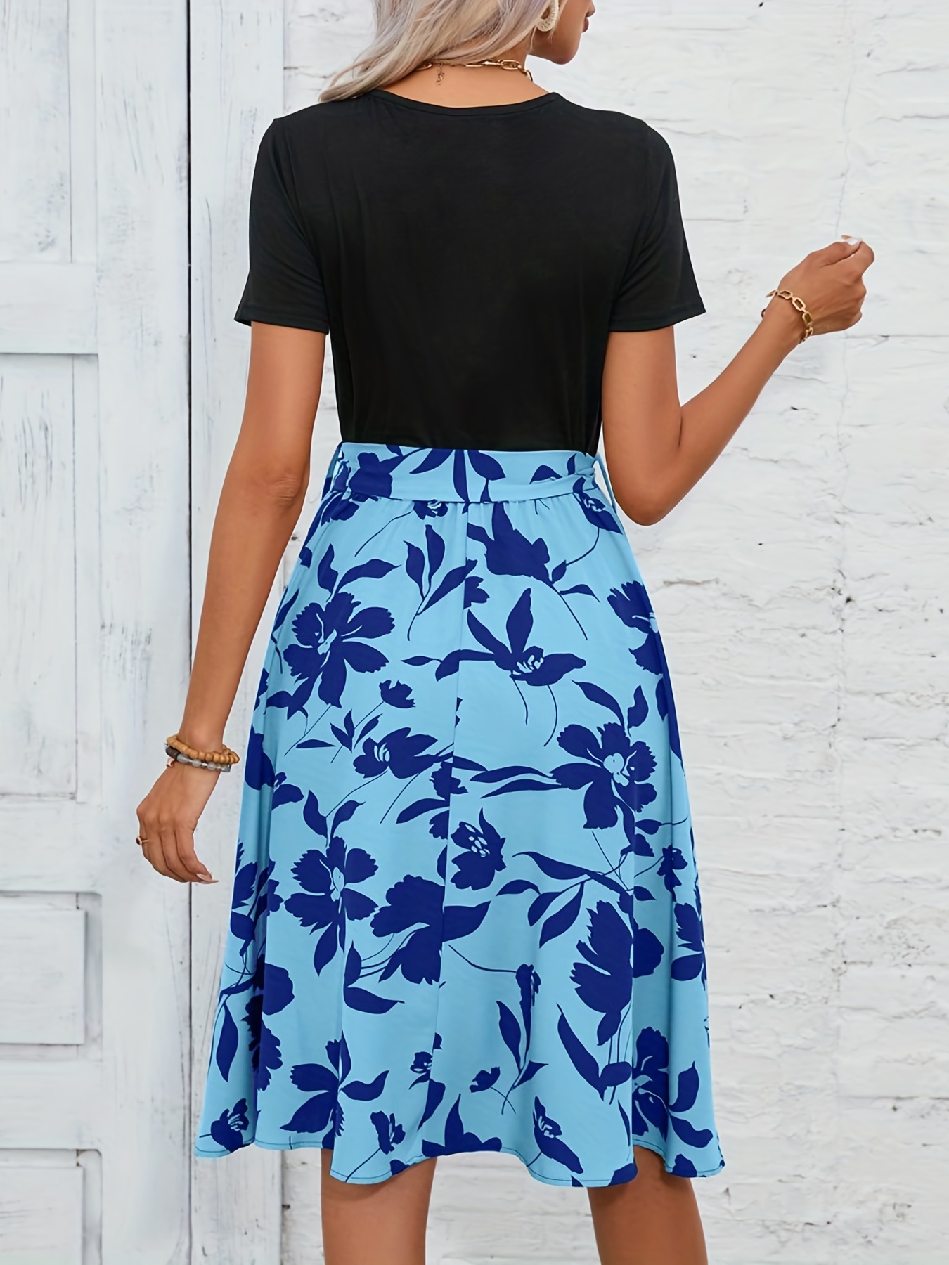 floral print crew neck dress casual short sleeve tunic dress for spring summer womens clothing details 1