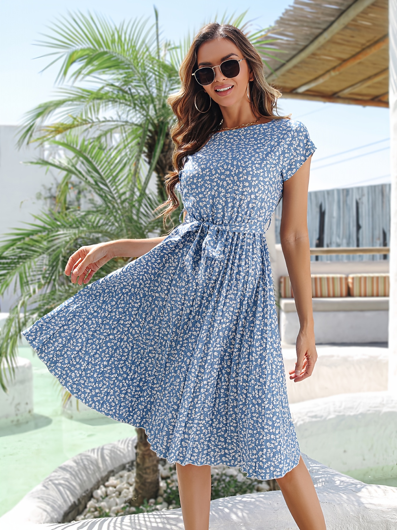 ditsy floral print belted dress short sleeve casual every day vacation dress for spring summer womens clothing details 48