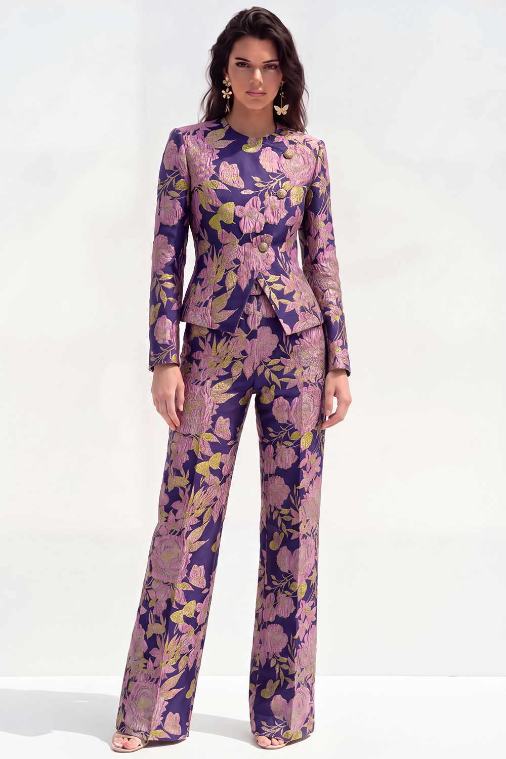 2 Piece Floral Green Single Breasted Round Neck Business Suits with Pockets