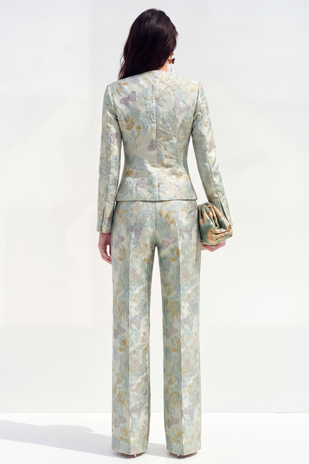 2 Piece Floral Green Single Breasted Round Neck Business Suits with Pockets