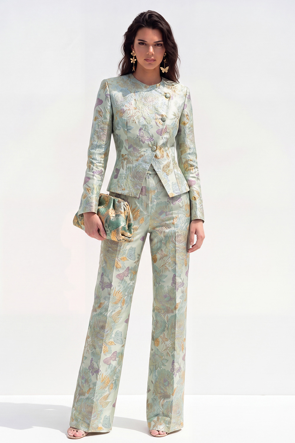 2 Piece Floral Green Single Breasted Round Neck Business Suits with Pockets
