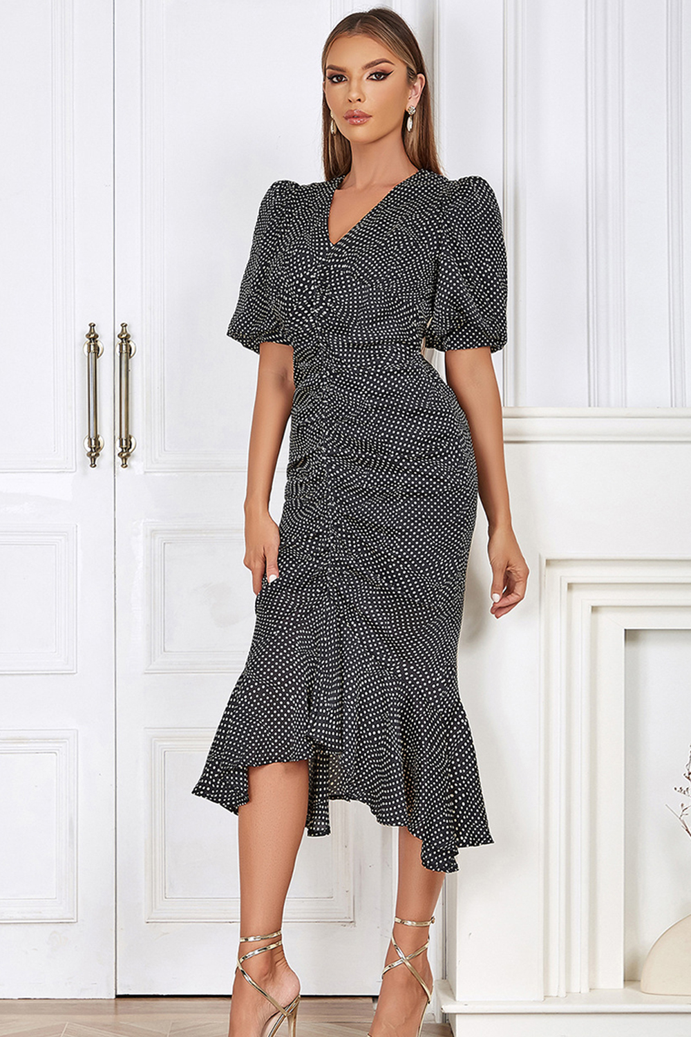 V-Neck Asymmetric Polka Dot Print Semi-Formal Dress