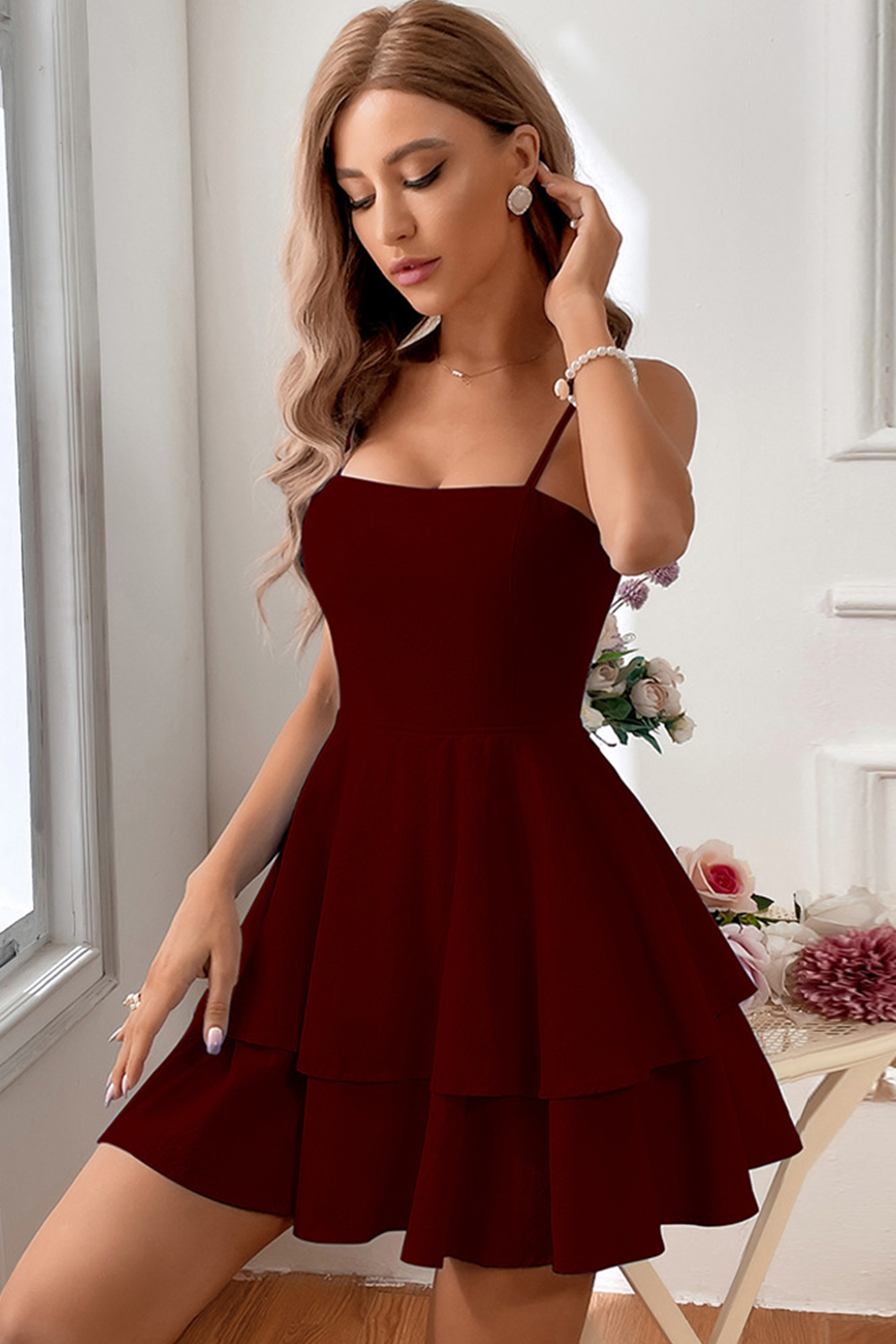 Burgundy Spaghetti Strap Backless Butterfly Tie A-Line Mini Party Dress
