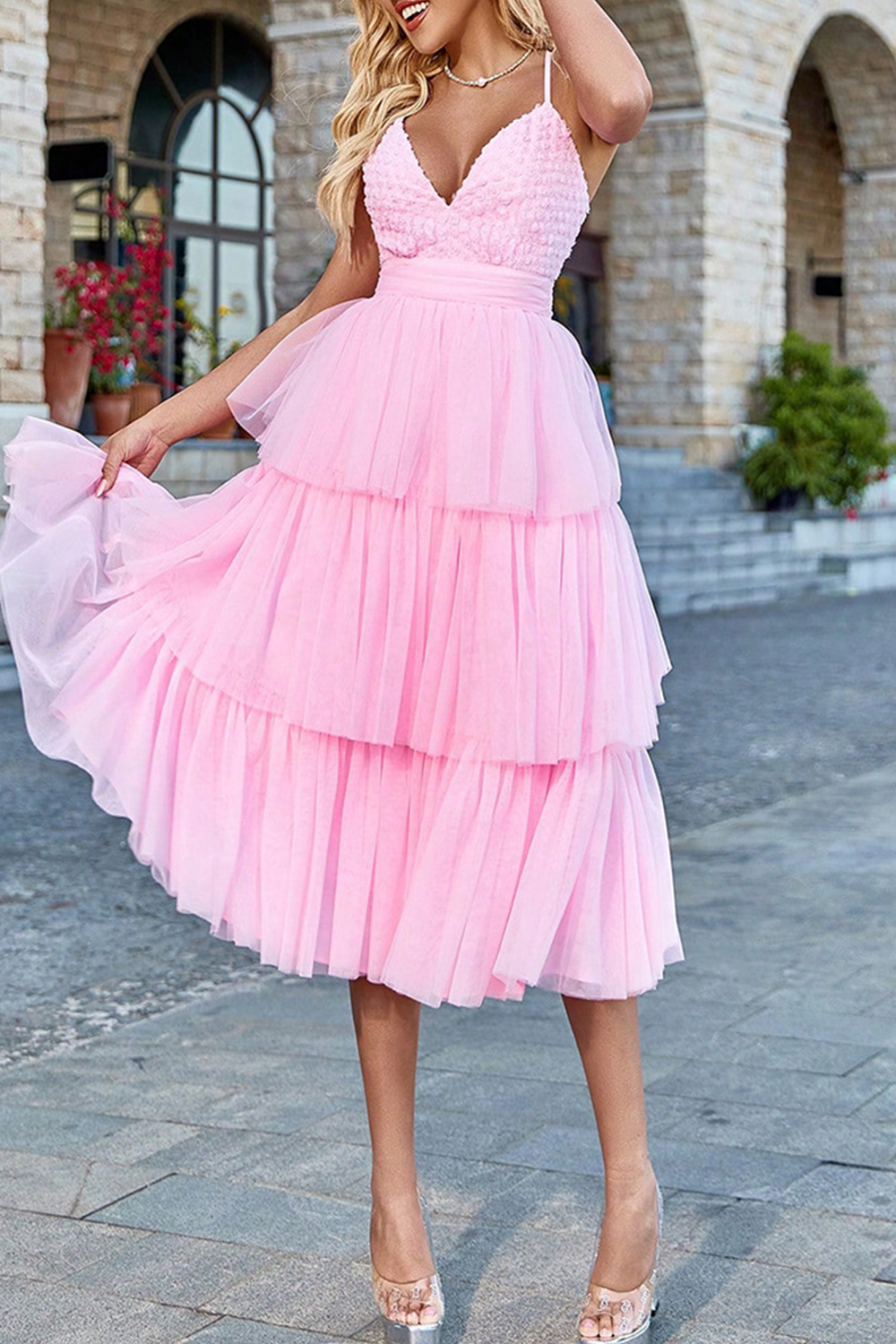 Whimsical Pink Tiered Puff Strap Knee-Length Homecoming Dress