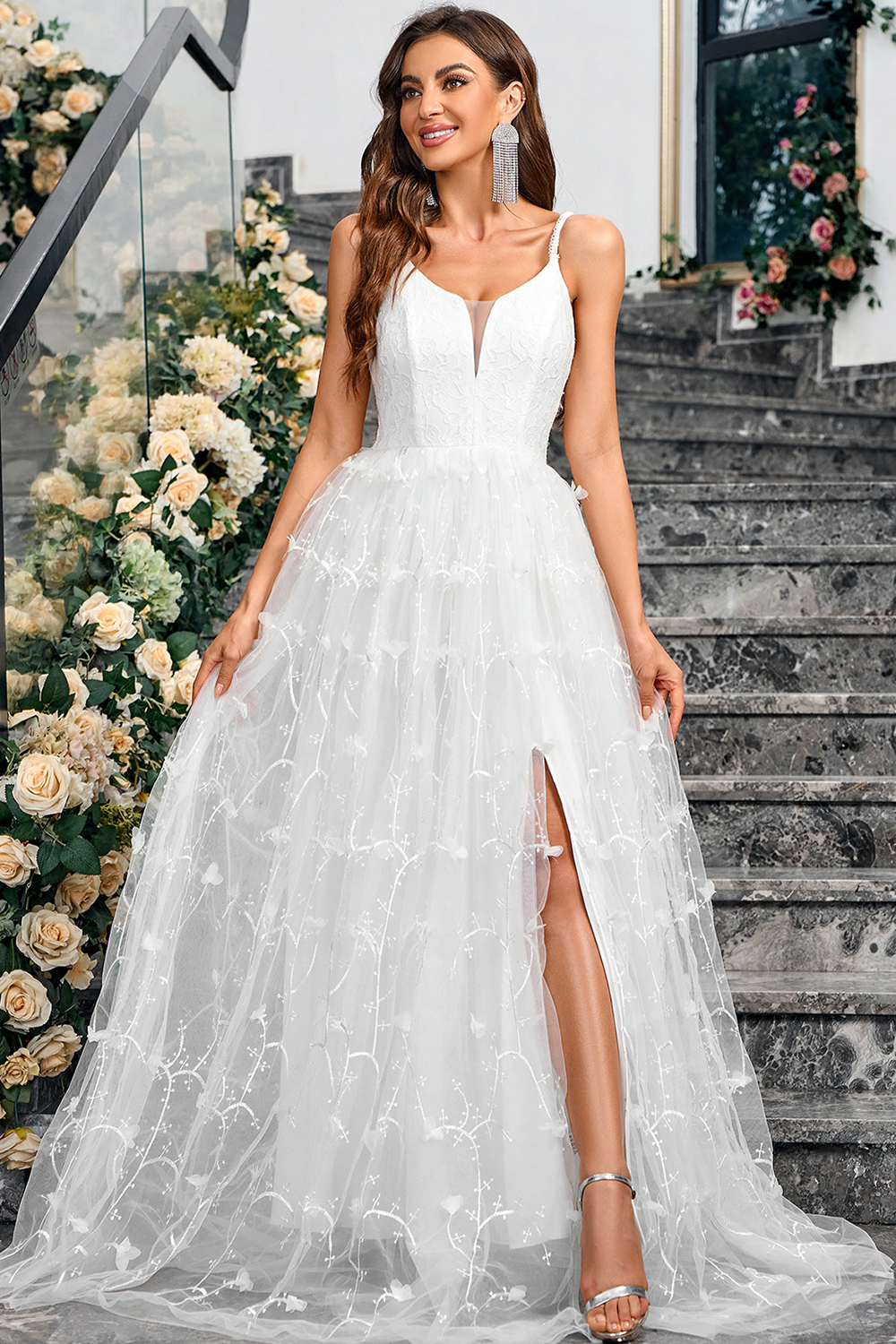 Dreamy White Spaghetti Straps A-Line Evening Gown with Side Slit