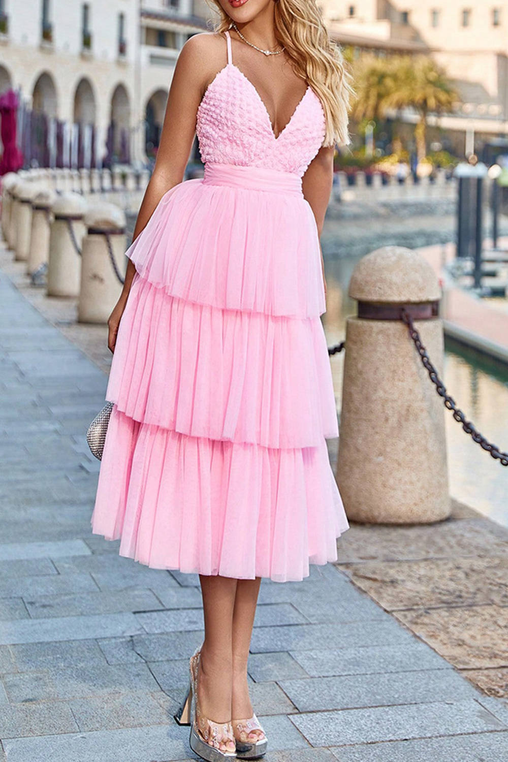 Whimsical Pink Tiered Puff Strap Knee-Length Homecoming Dress