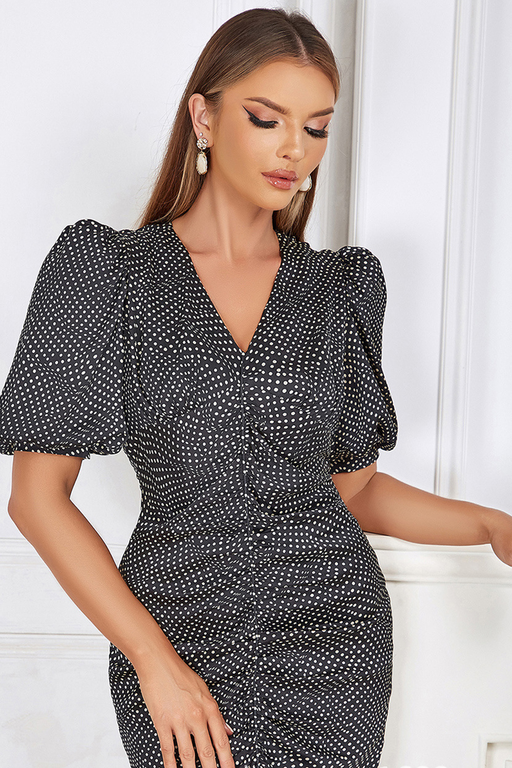 V-Neck Asymmetric Polka Dot Print Semi-Formal Dress