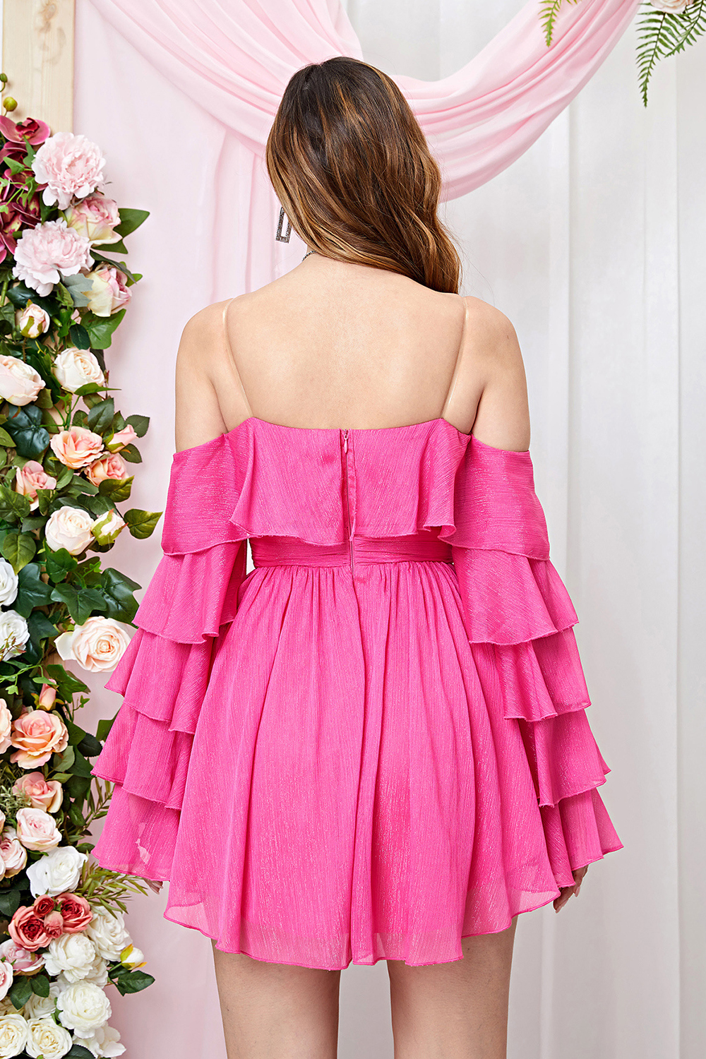 Flirty Fuchsia Ruffle Sleeve A-Line Party Dress