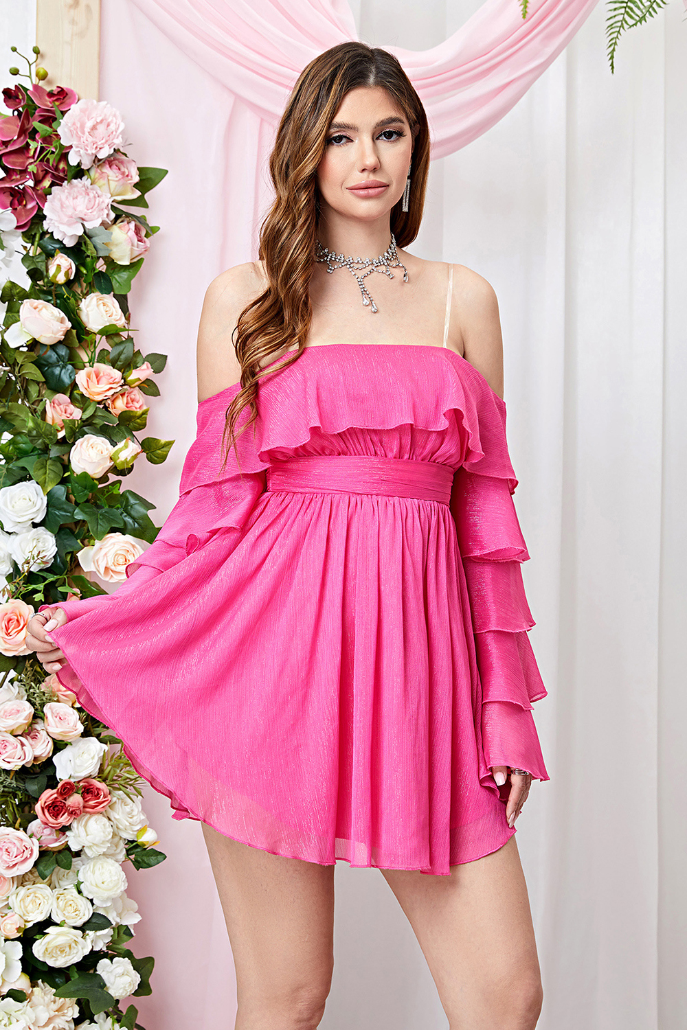 Flirty Fuchsia Ruffle Sleeve A-Line Party Dress