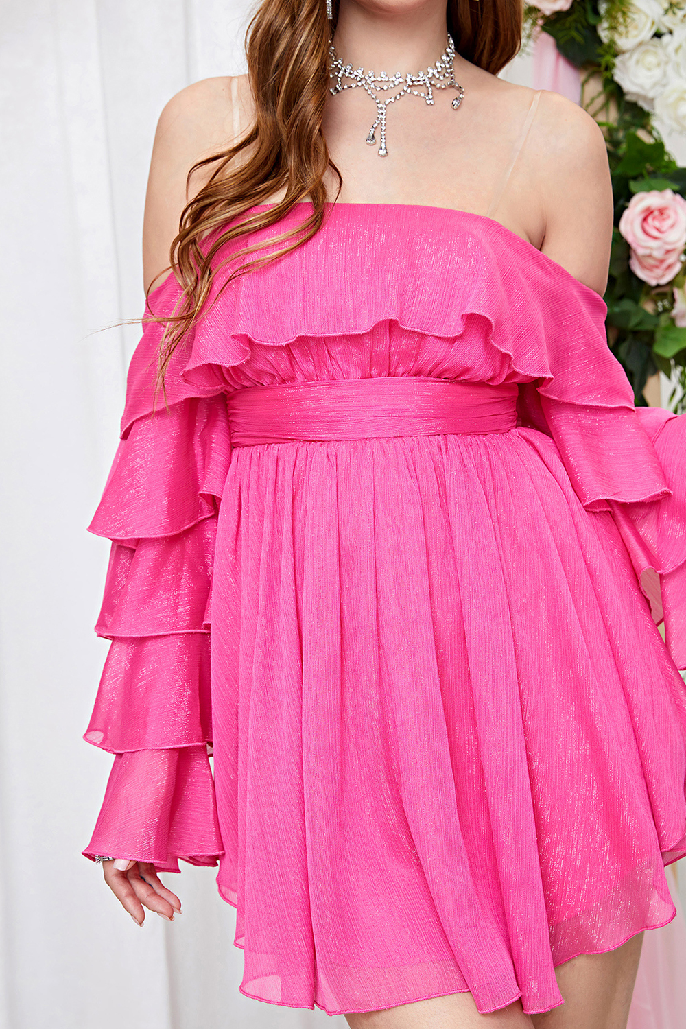 Flirty Fuchsia Ruffle Sleeve A-Line Party Dress