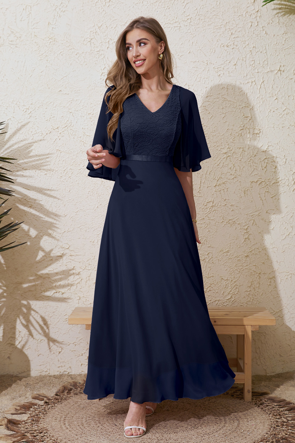 Elegant Navy V-Neck Chiffon Evening Gown for Formal Occasions