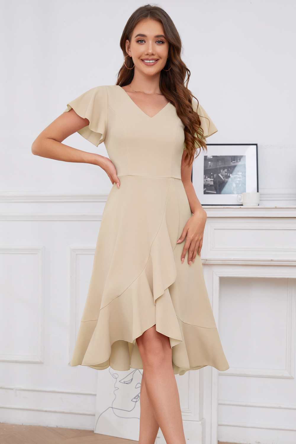 Elegant Ruffle V-Neck Formal Dress for Cocktail Tea Party, Wedding Guest, Bridesmaid