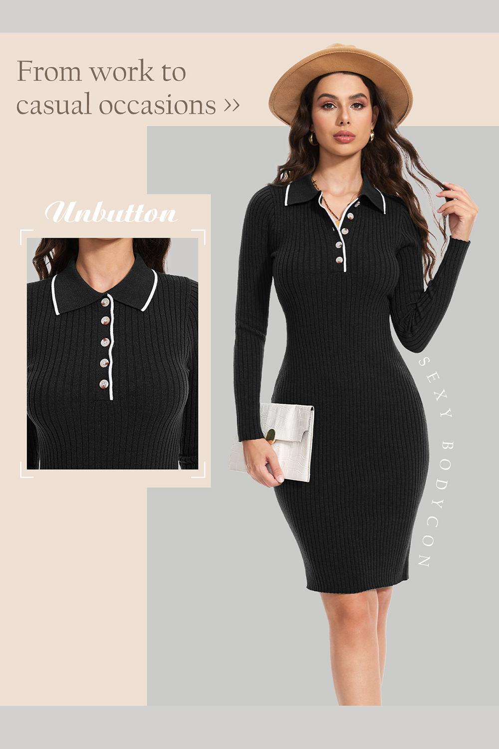 2024 Long Sleeve V Neck Button Fall Stretchy Ribbed Knit Pullover Sweater Dress