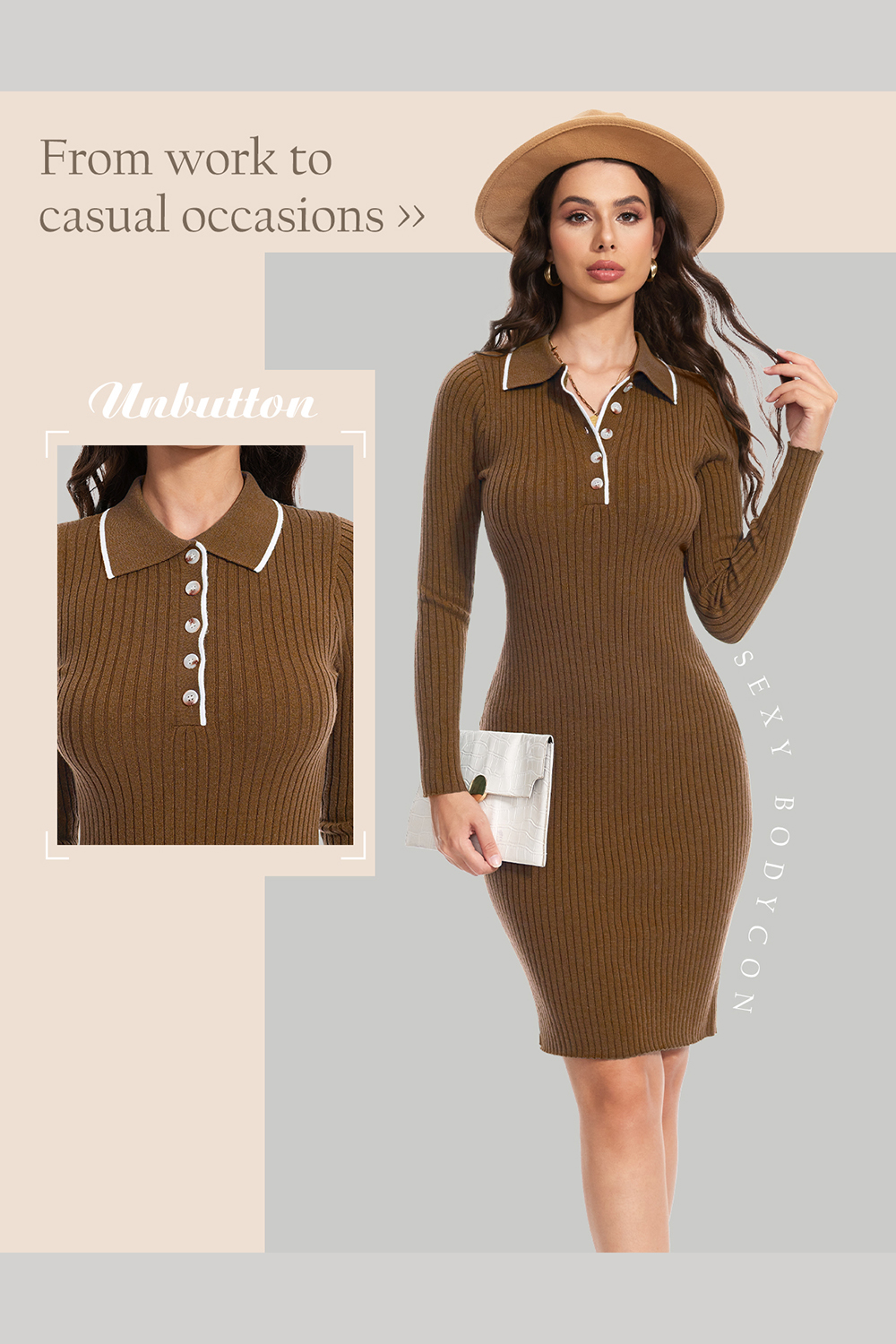 2024 Long Sleeve V Neck Button Fall Stretchy Ribbed Knit Pullover Sweater Dress