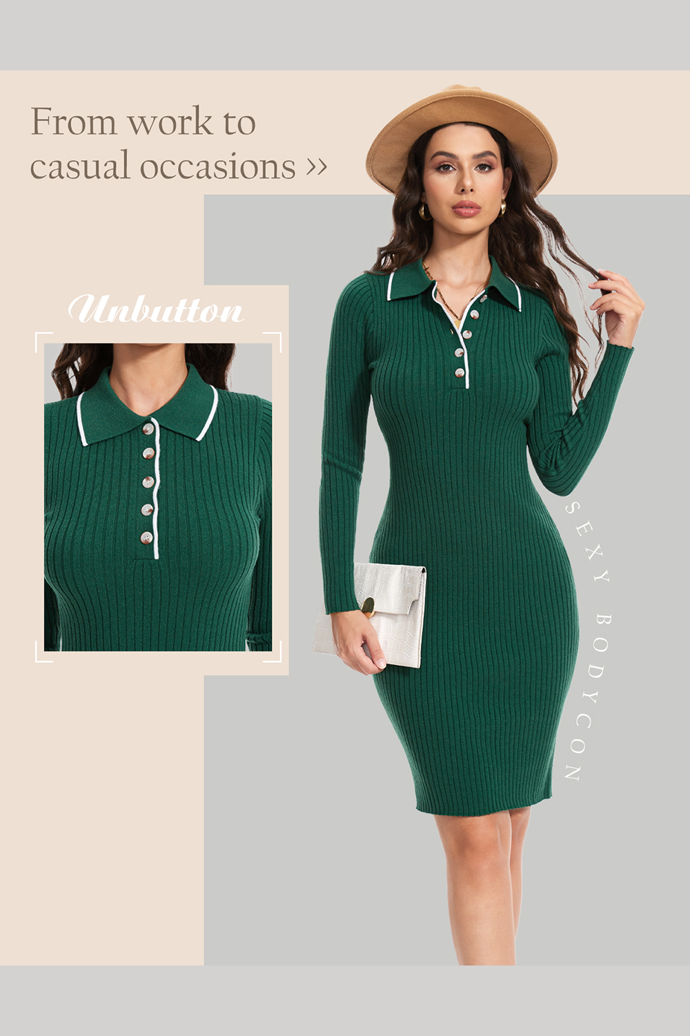 2024 Long Sleeve V Neck Button Fall Stretchy Ribbed Knit Pullover Sweater Dress