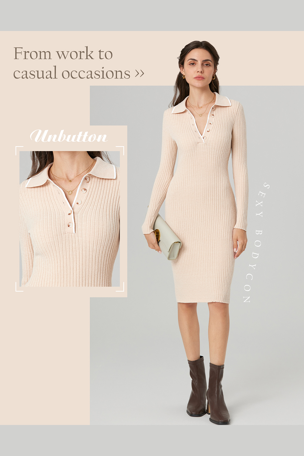 2024 Long Sleeve V Neck Button Fall Stretchy Ribbed Knit Pullover Sweater Dress